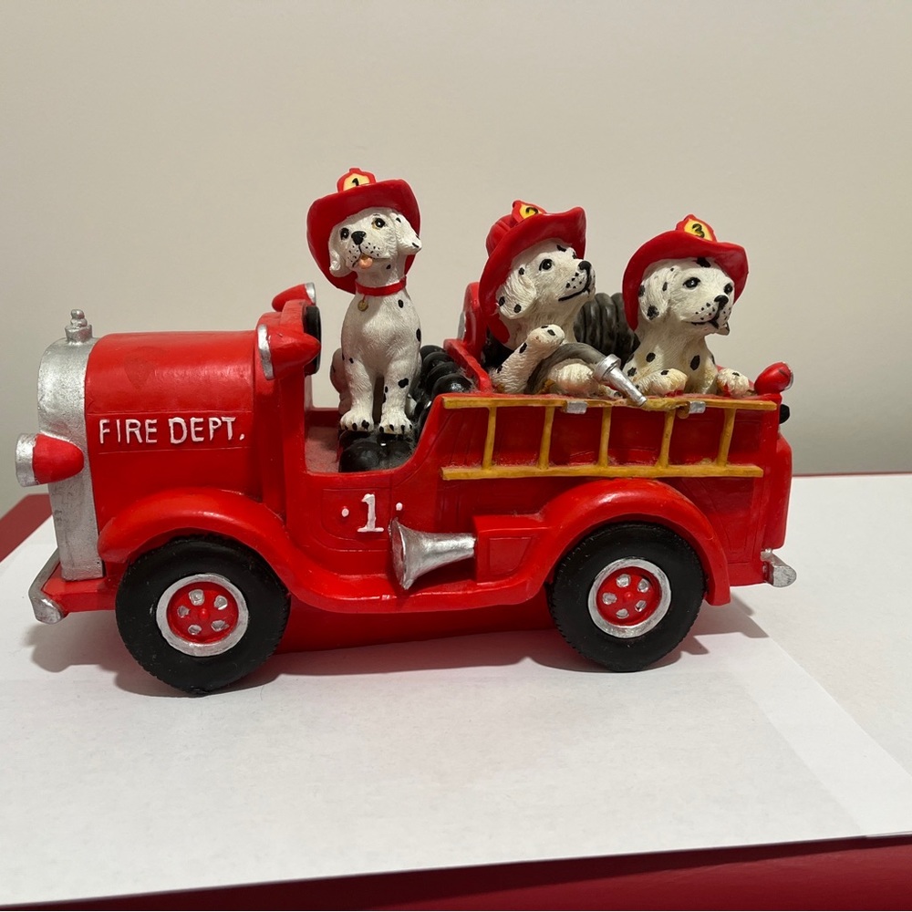Dalmatians on Fire Truck Rescue Vehicle Resin piggy Bank   9" x 4" x 6"
